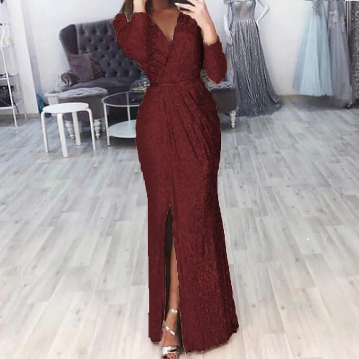 Formal Dresses for Women 2024 Sequin V Neck Ruched Slit Bodycon Long Dress Sparkly Evening Party Gala Dresses
