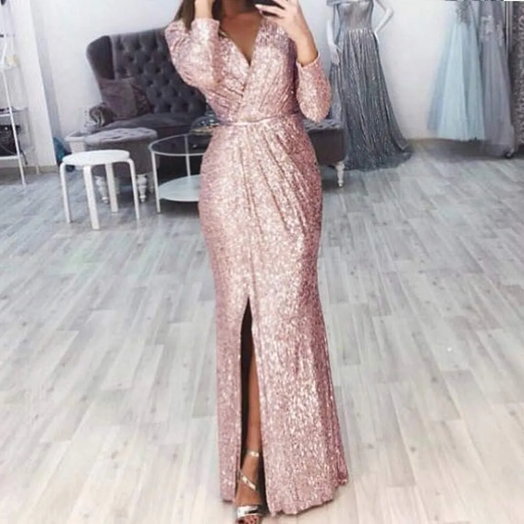 Formal Dresses for Women 2024 Sequin V Neck Ruched Slit Bodycon Long Dress Sparkly Evening Party Gala Dresses