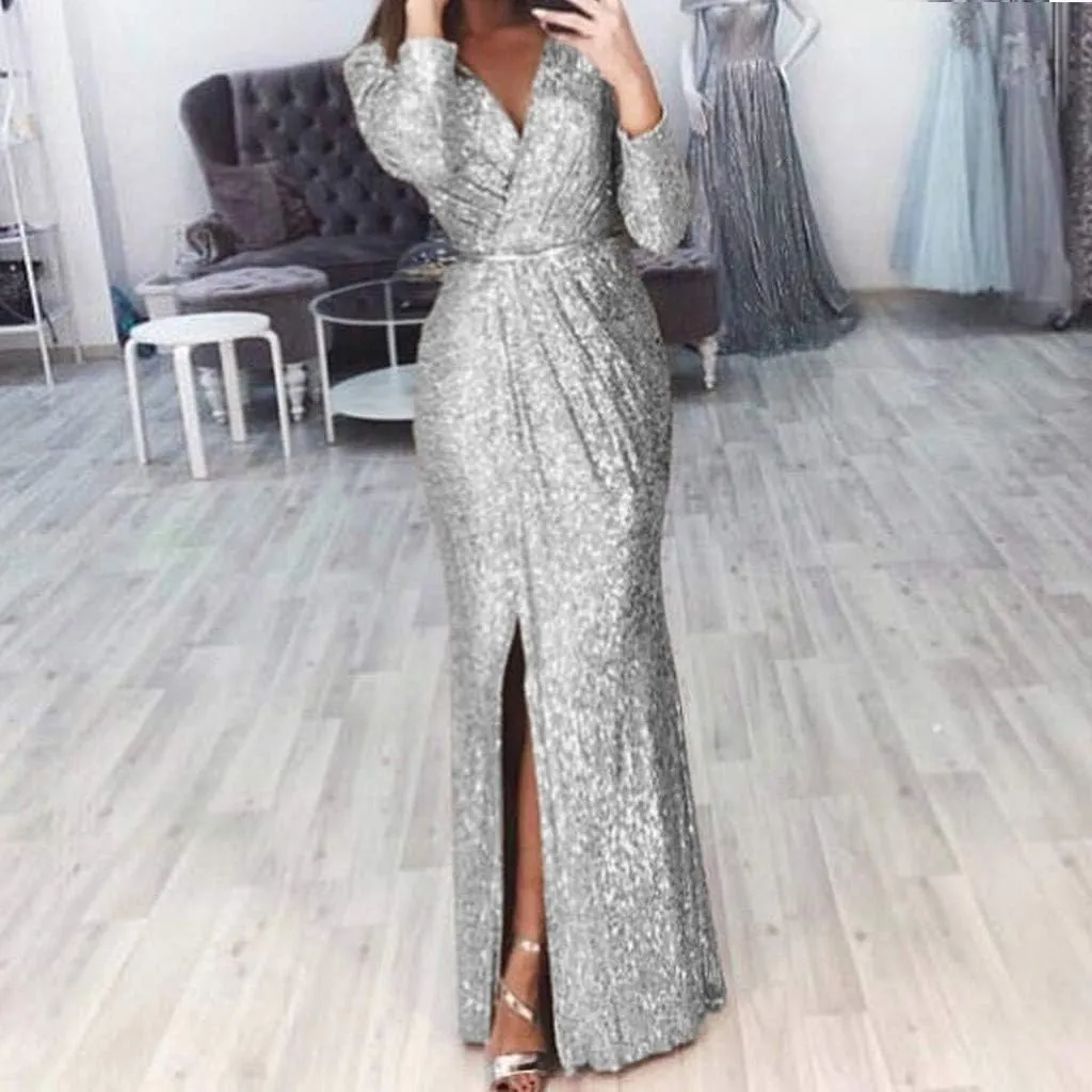 Formal Dresses for Women 2024 Sequin V Neck Ruched Slit Bodycon Long Dress Sparkly Evening Party Gala Dresses