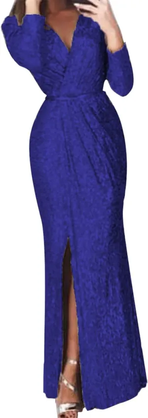 Formal Dresses for Women 2024 Sequin V Neck Ruched Slit Bodycon Long Dress Sparkly Evening Party Gala Dresses