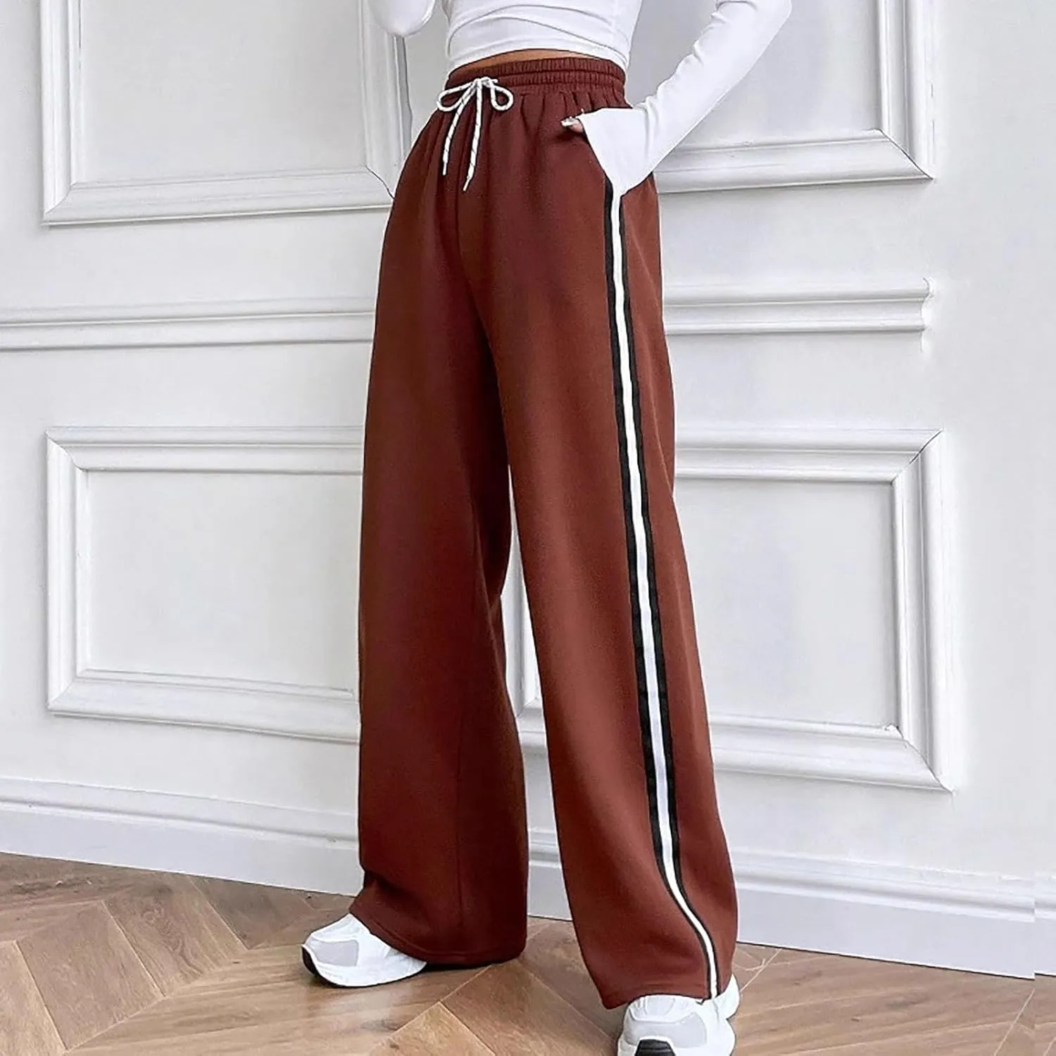 FZVYD Women's Casual Joggers Sweatpants Baggy Wide Straight Leg Loose Elastic Waist Drawstring Pants Trousers with Pockets