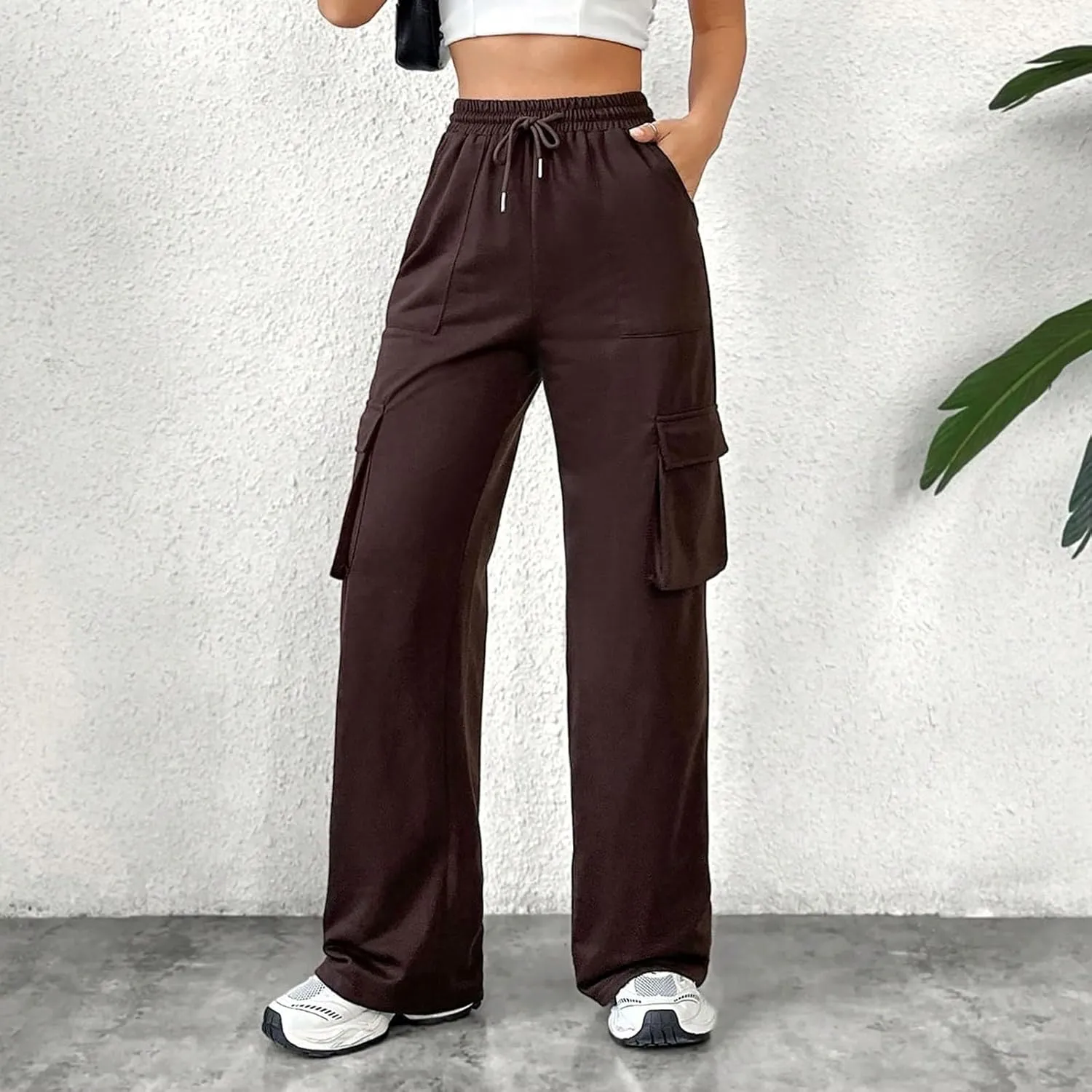 FZVYD Women's Casual Joggers Sweatpants Baggy Wide Straight Leg Loose Elastic Waist Drawstring Pants Trousers with Pockets