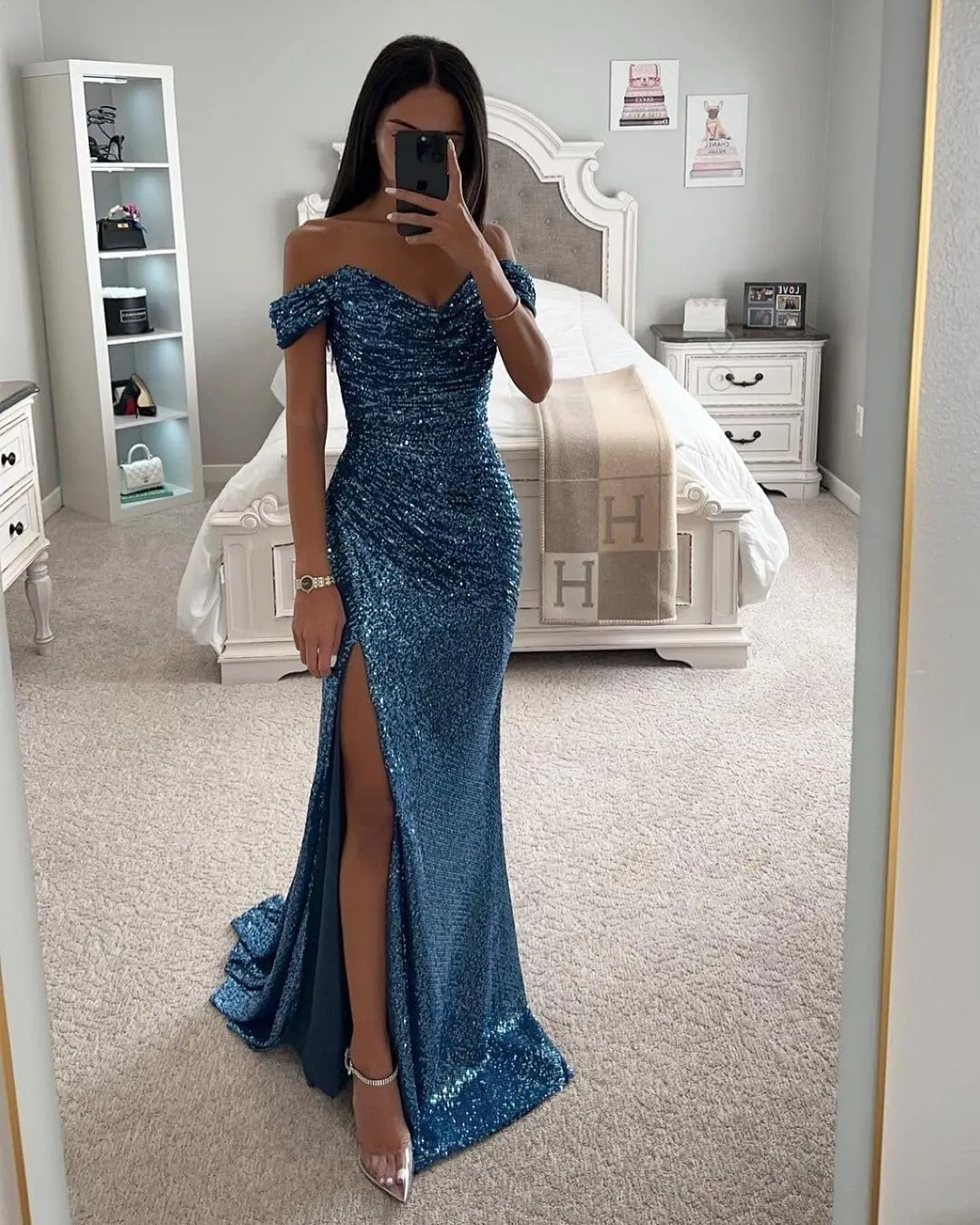 Glitter Sequin Prom Dresses for Women 2025 Long Mermaid V Neck Formal Evening Gowns