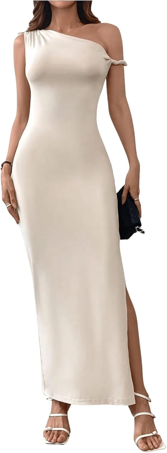GORGLITTER Women's Asymmetrical Bodycon Maxi Long Dress One Shoulder Sleeveless Ruched Graduation Going Out Dresses