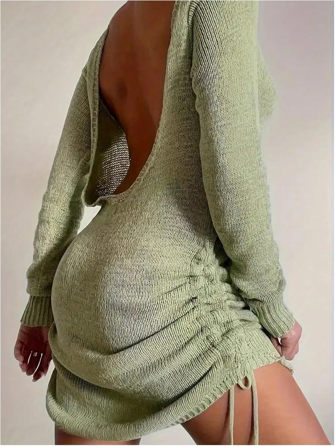 GORGLITTER Women's Backless Bodycon Mini Sweater Dress Crochet Long Sleeve Knit Drawstring Pencil Short Dresses