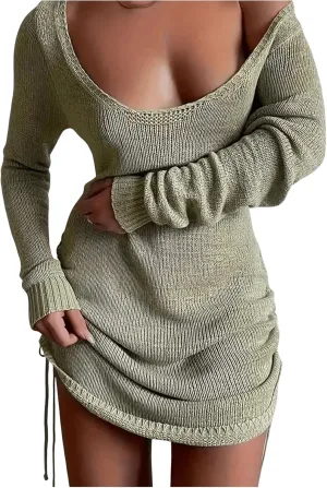 GORGLITTER Women's Backless Bodycon Mini Sweater Dress Crochet Long Sleeve Knit Drawstring Pencil Short Dresses