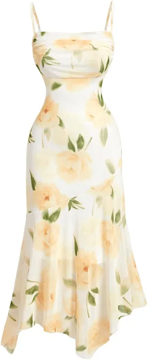 GORGLITTER Women's Floral Ruched Bodycon Cami Dress Mesh Sleeveless Ruffle Asymmetrical Hem Midi Dresses