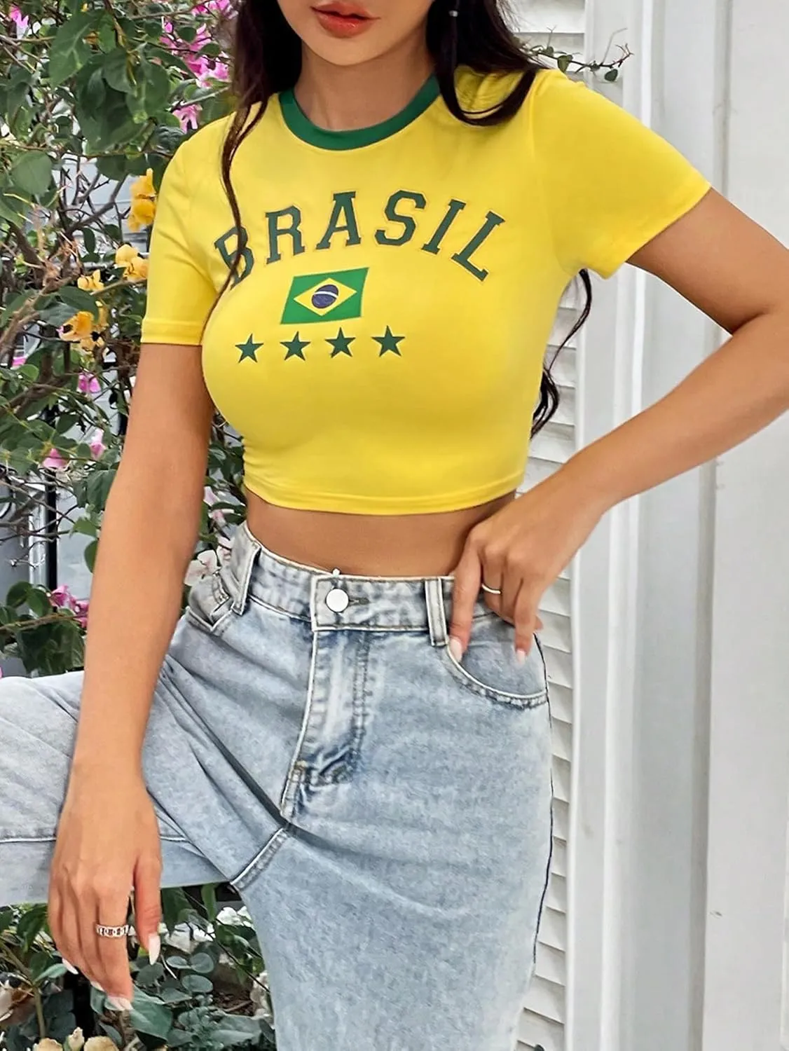 GORGLITTER Women's Graphic Tees Y2K Crop Tops Short Sleeve Colorblock Crew Neck T Shirt
