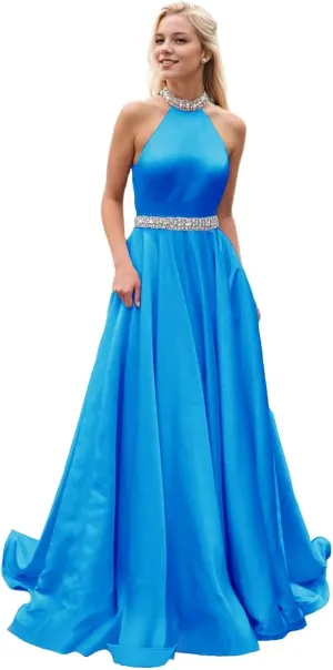 Halter Beaded Prom Dresses 2024 Satin Ball Gown Sparkly Long Pleated Formal Evening Party Gowns