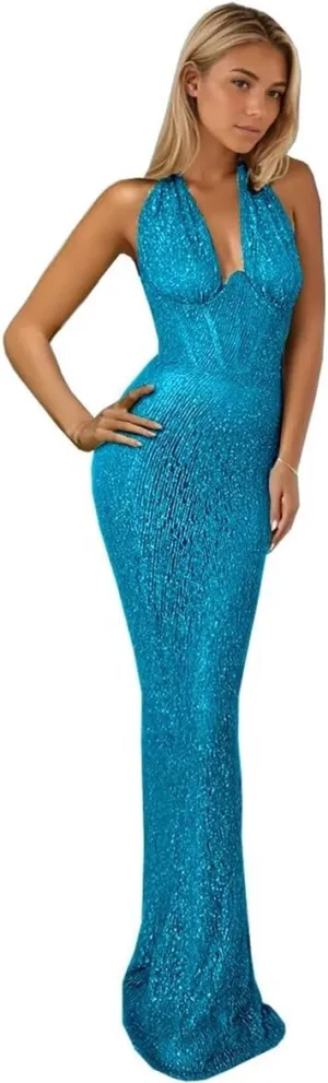 Halter Sparkly Prom Dresses 2024 Deep V Neck Mermaid Sequin Backless Evening Formal Cocktail Party Gowns DR0495