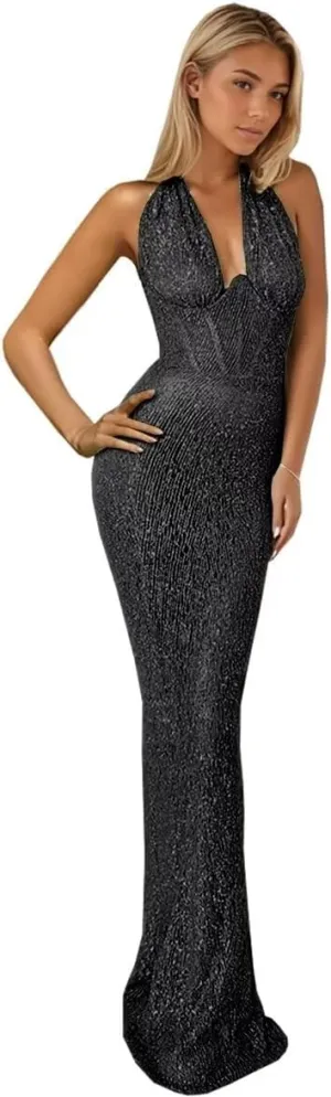 Halter Sparkly Prom Dresses 2024 Deep V Neck Mermaid Sequin Backless Evening Formal Cocktail Party Gowns DR0495
