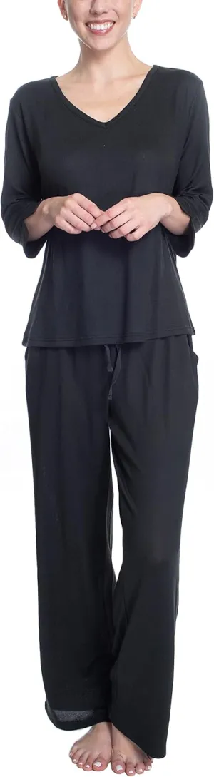 Hanes Women's Butter Knit 3/4 V-neck Sleep Top and Pajama Pant Lounge & Sleep Set