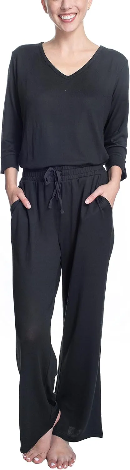 Hanes Women's Butter Knit 3/4 V-neck Sleep Top and Pajama Pant Lounge & Sleep Set