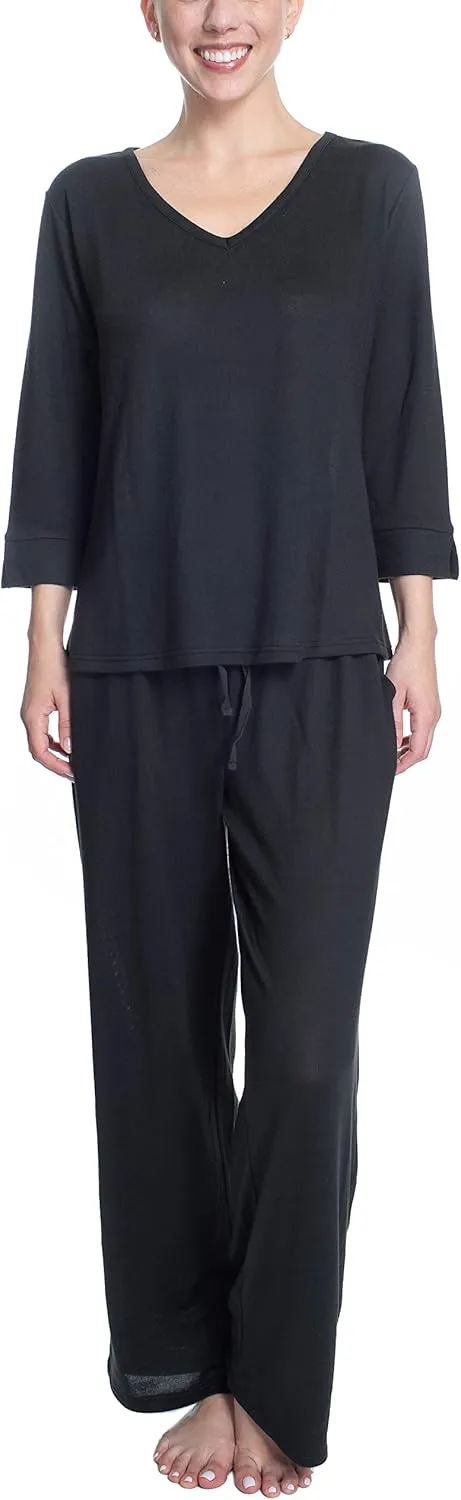 Hanes Women's Butter Knit 3/4 V-neck Sleep Top and Pajama Pant Lounge & Sleep Set