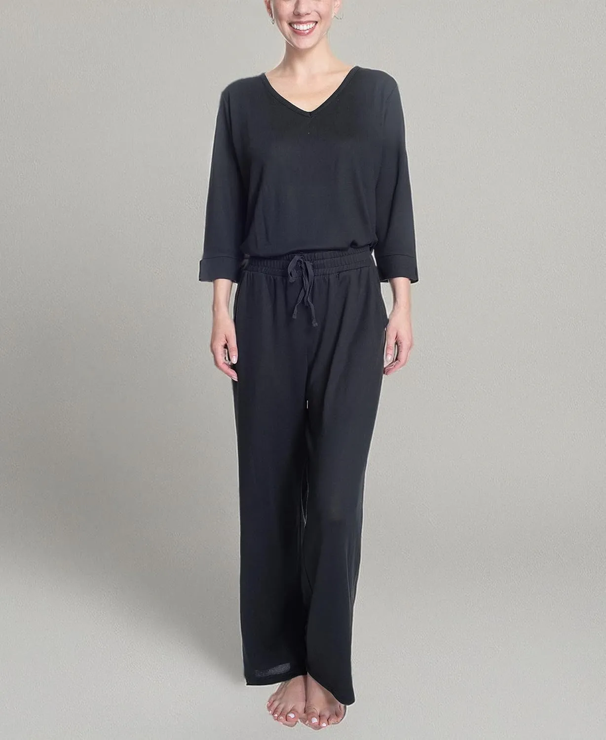 Hanes Women's Butter Knit 3/4 V-neck Sleep Top and Pajama Pant Lounge & Sleep Set