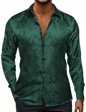 Hi-Tie Silk Mens Paisley Dress Shirts Casual Long Sleeve Button Down Regular Fit Shirts Formal Wedding Party Business