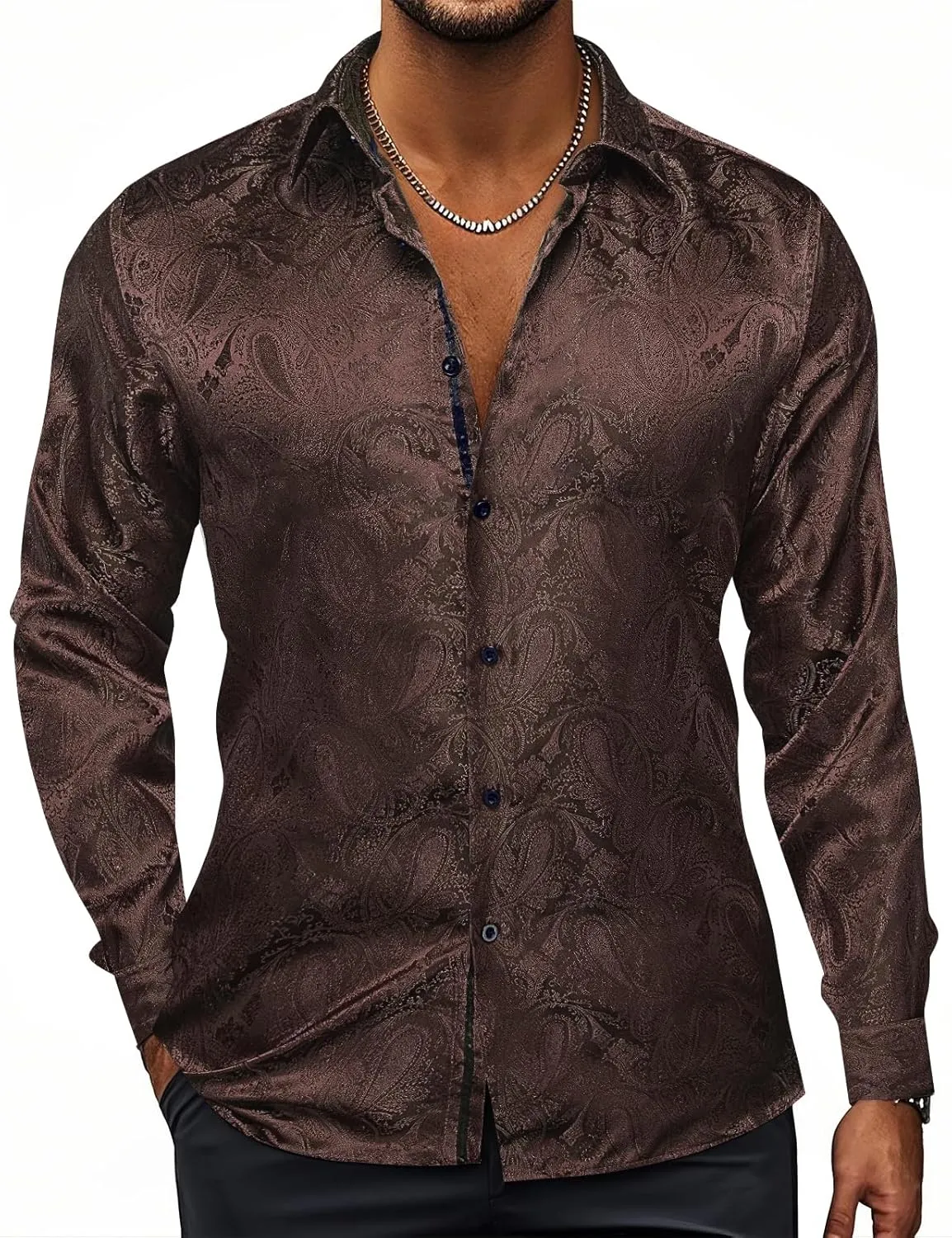 Hi-Tie Silk Mens Paisley Dress Shirts Casual Long Sleeve Button Down Regular Fit Shirts Formal Wedding Party Business