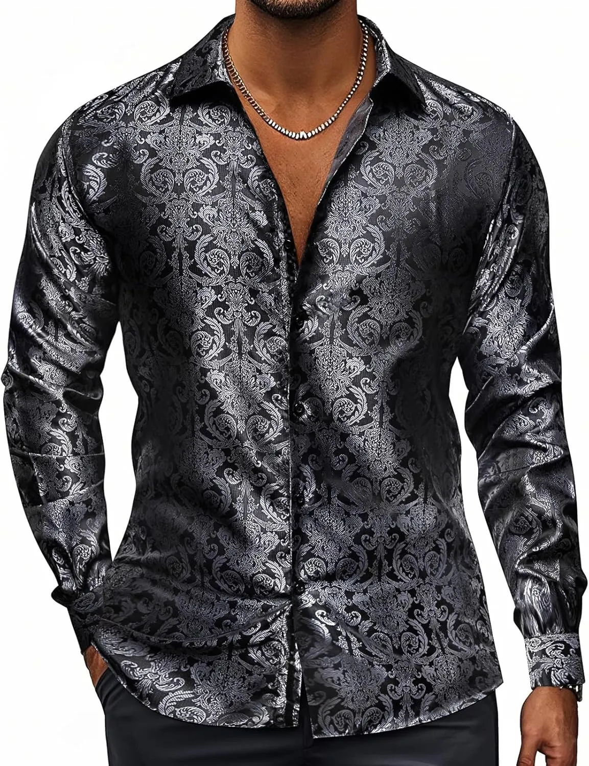 Hi-Tie Silk Mens Paisley Dress Shirts Casual Long Sleeve Button Down Regular Fit Shirts Formal Wedding Party Business