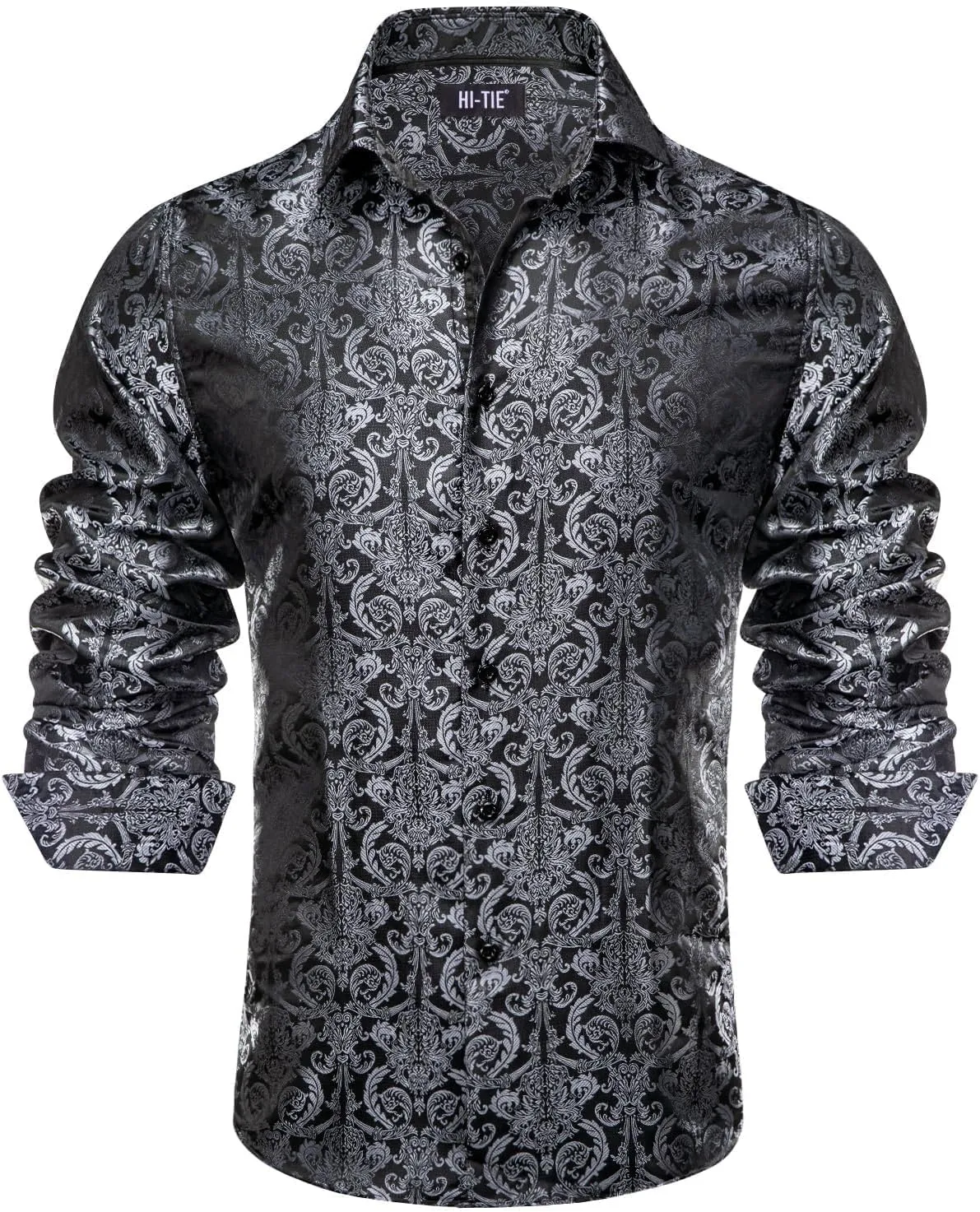 Hi-Tie Silk Mens Paisley Dress Shirts Casual Long Sleeve Button Down Regular Fit Shirts Formal Wedding Party Business