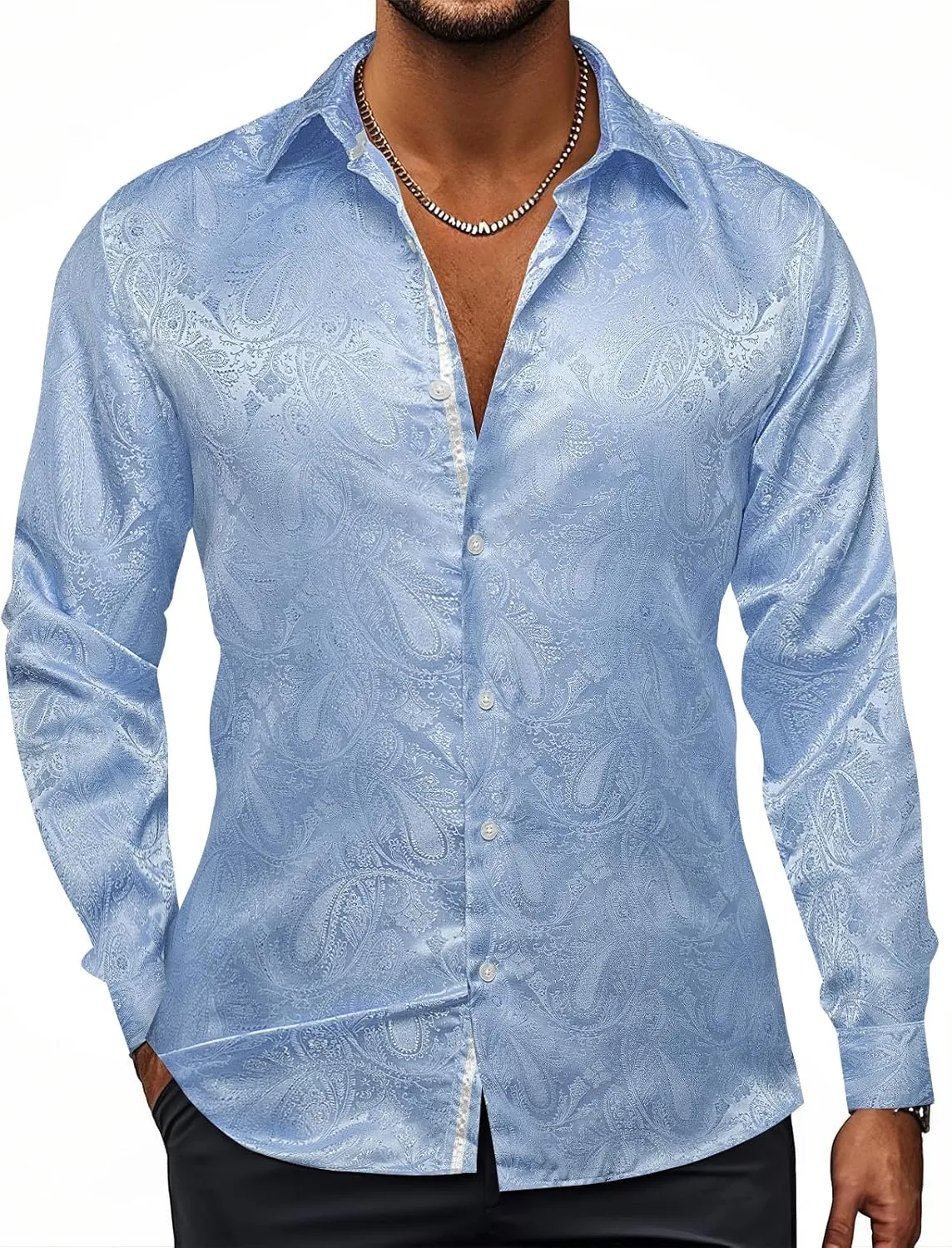 Hi-Tie Silk Mens Paisley Dress Shirts Casual Long Sleeve Button Down Regular Fit Shirts Formal Wedding Party Business