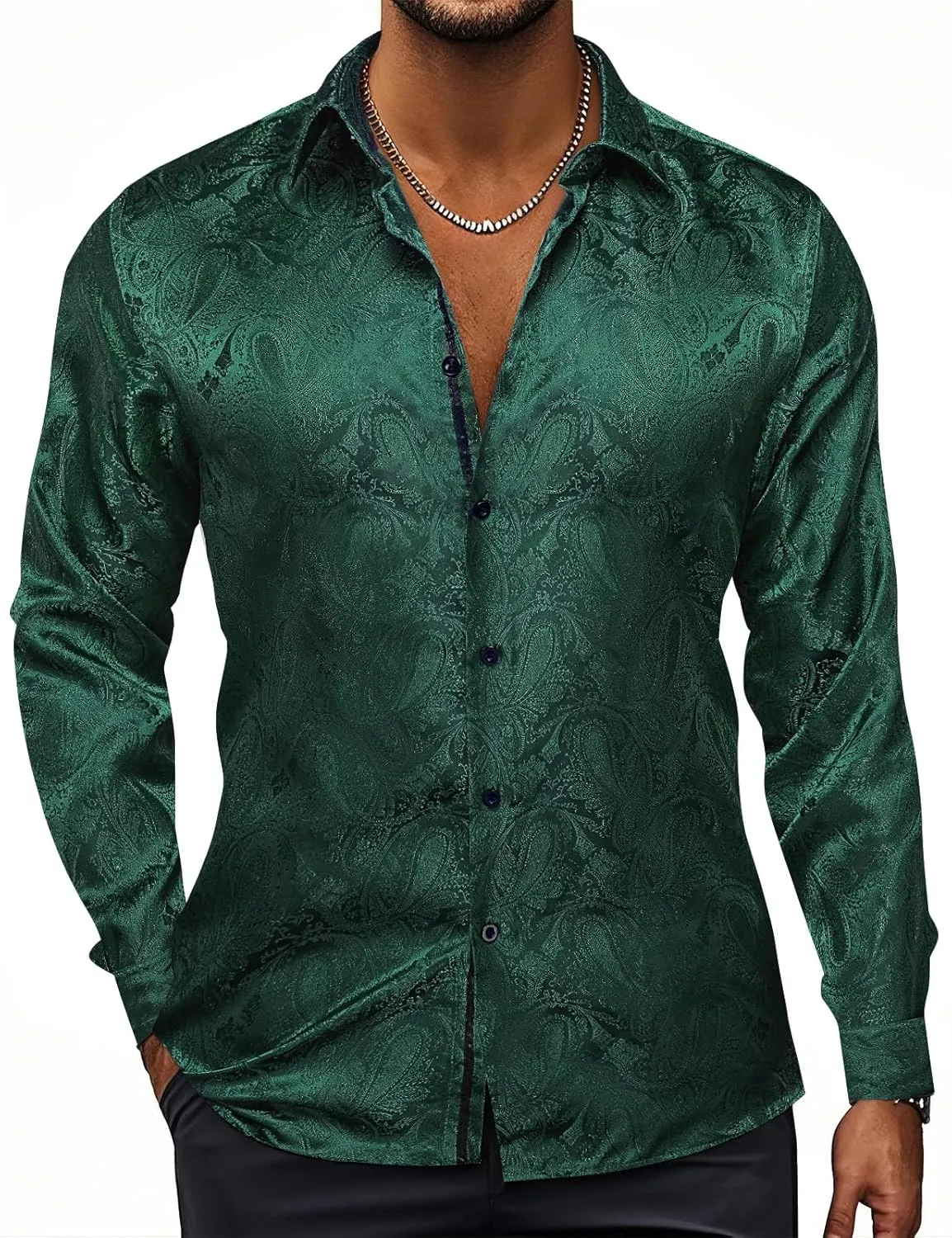 Hi-Tie Silk Mens Paisley Dress Shirts Casual Long Sleeve Button Down Regular Fit Shirts Formal Wedding Party Business