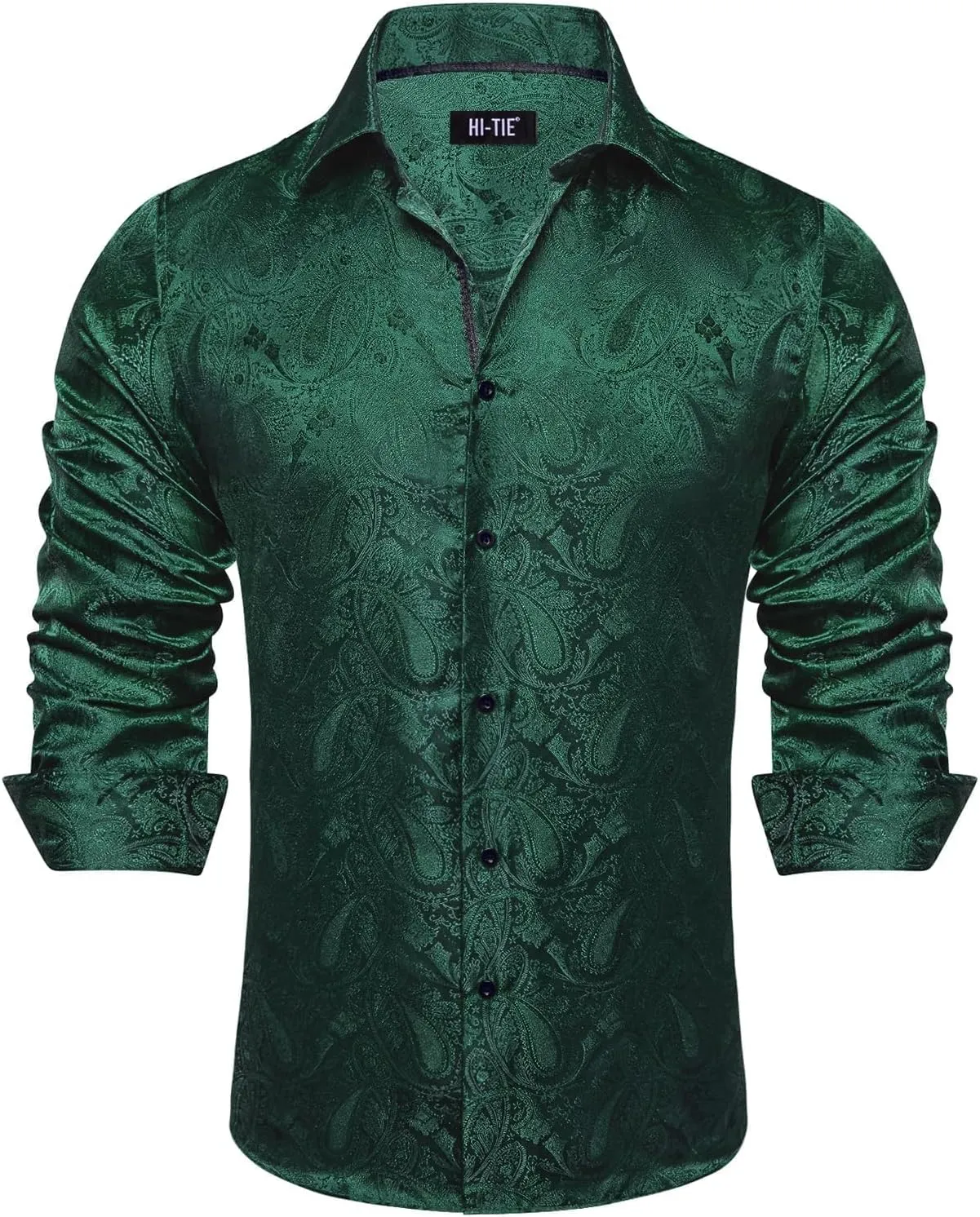 Hi-Tie Silk Mens Paisley Dress Shirts Casual Long Sleeve Button Down Regular Fit Shirts Formal Wedding Party Business