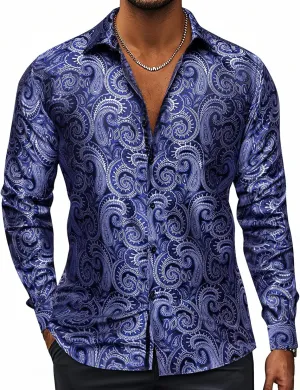 Hi-Tie Silk Mens Paisley Dress Shirts Casual Long Sleeve Button Down Regular Fit Shirts Formal Wedding Party Business