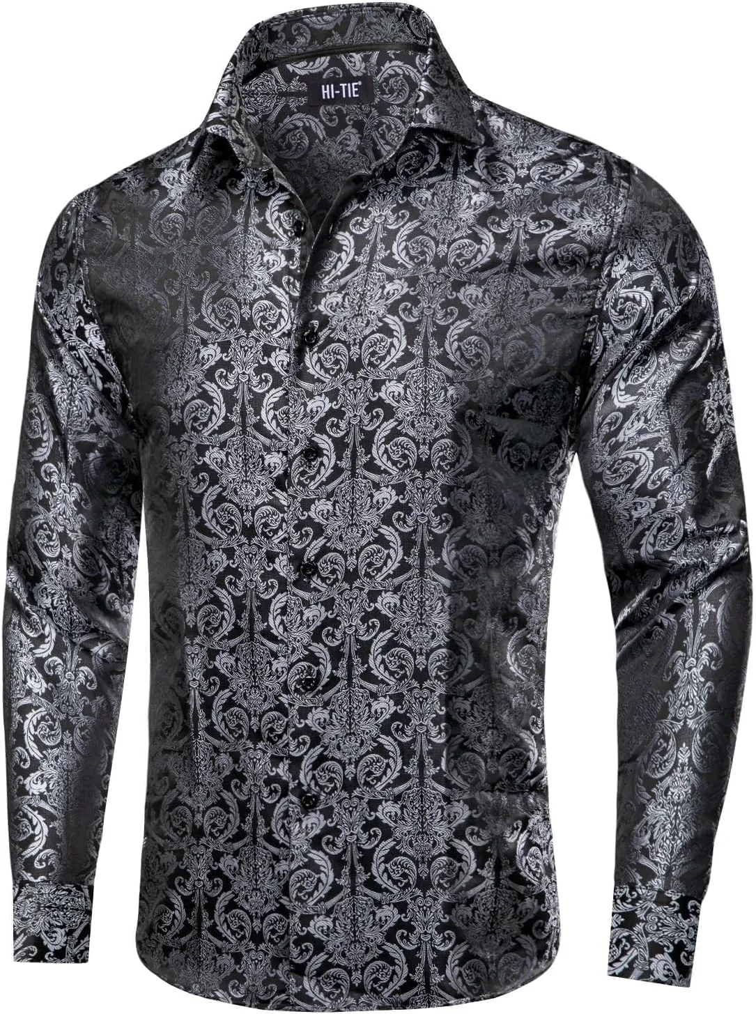 Hi-Tie Silk Mens Paisley Dress Shirts Casual Long Sleeve Button Down Regular Fit Shirts Formal Wedding Party Business