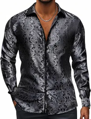 Hi-Tie Silk Mens Paisley Dress Shirts Casual Long Sleeve Button Down Regular Fit Shirts Formal Wedding Party Business