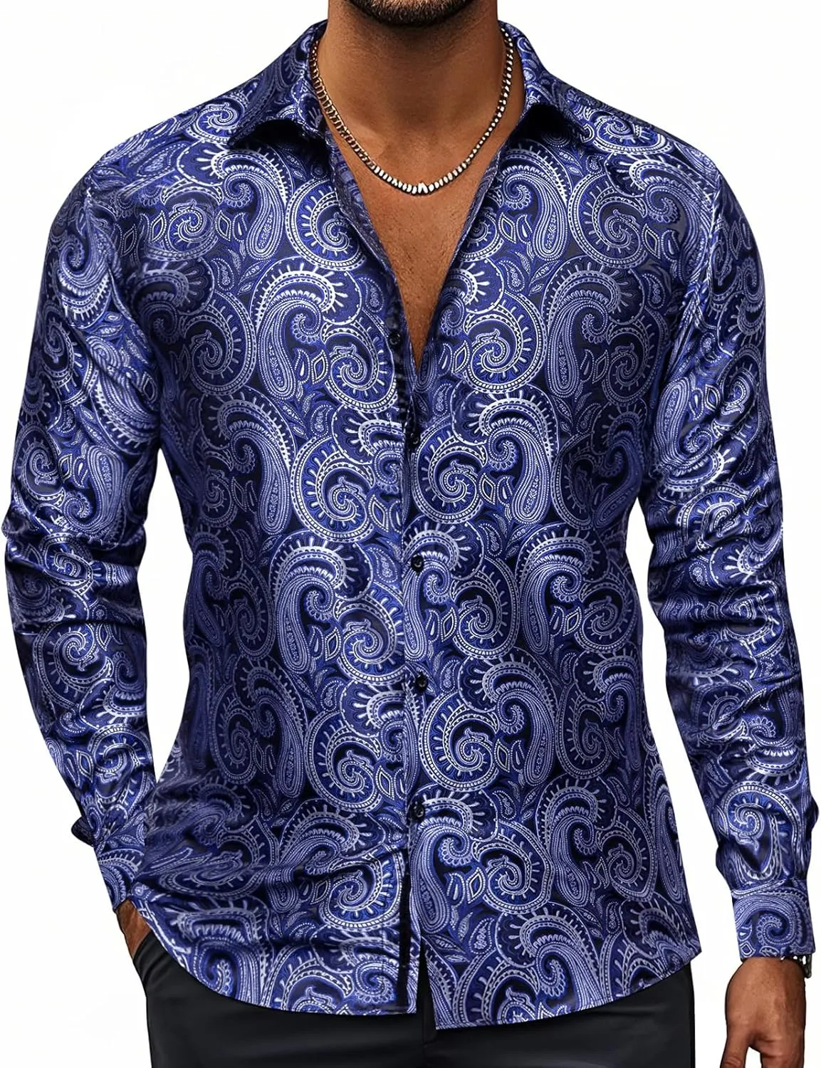 Hi-Tie Silk Mens Paisley Dress Shirts Casual Long Sleeve Button Down Regular Fit Shirts Formal Wedding Party Business