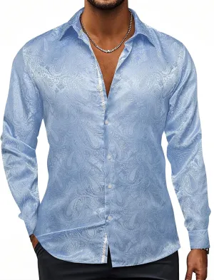 Hi-Tie Silk Mens Paisley Dress Shirts Casual Long Sleeve Button Down Regular Fit Shirts Formal Wedding Party Business