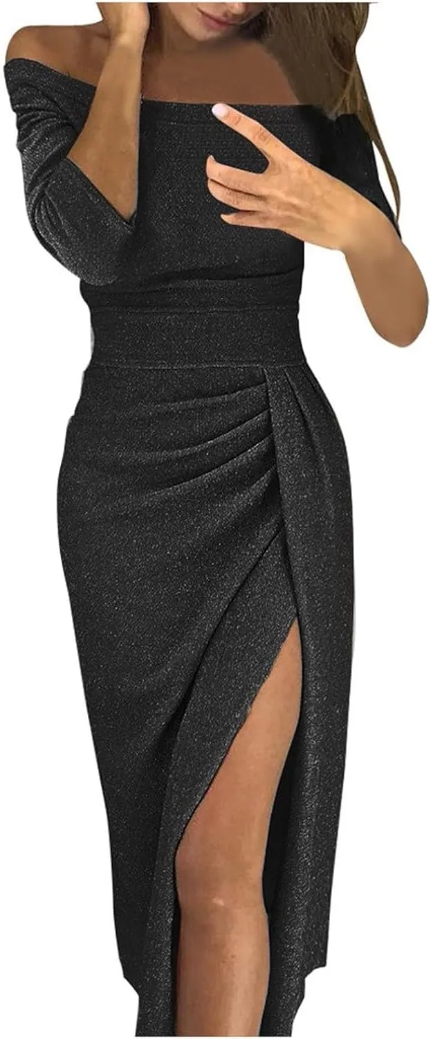 HXHYQKP Evening Gowns for Women Formal Elegant Off Shoulder Cocktail Dress Bodycon Wrap Dress Brilliant Party Dress