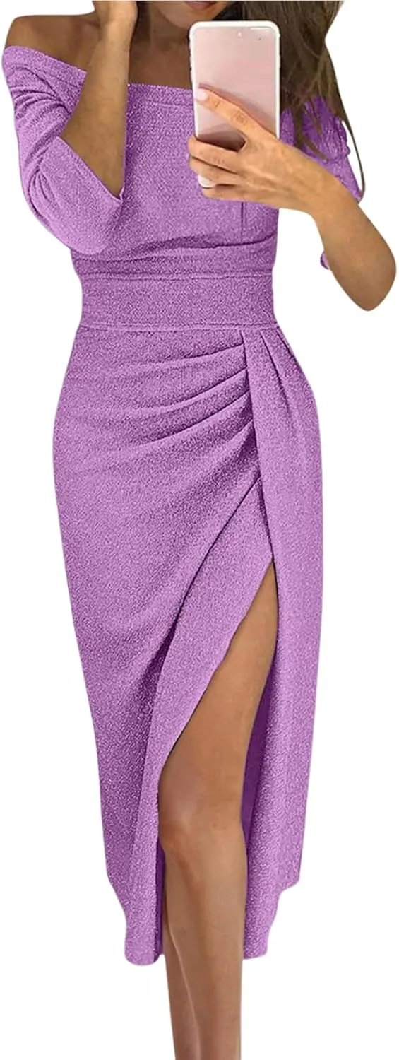 HXHYQKP Evening Gowns for Women Formal Elegant Off Shoulder Cocktail Dress Bodycon Wrap Dress Brilliant Party Dress