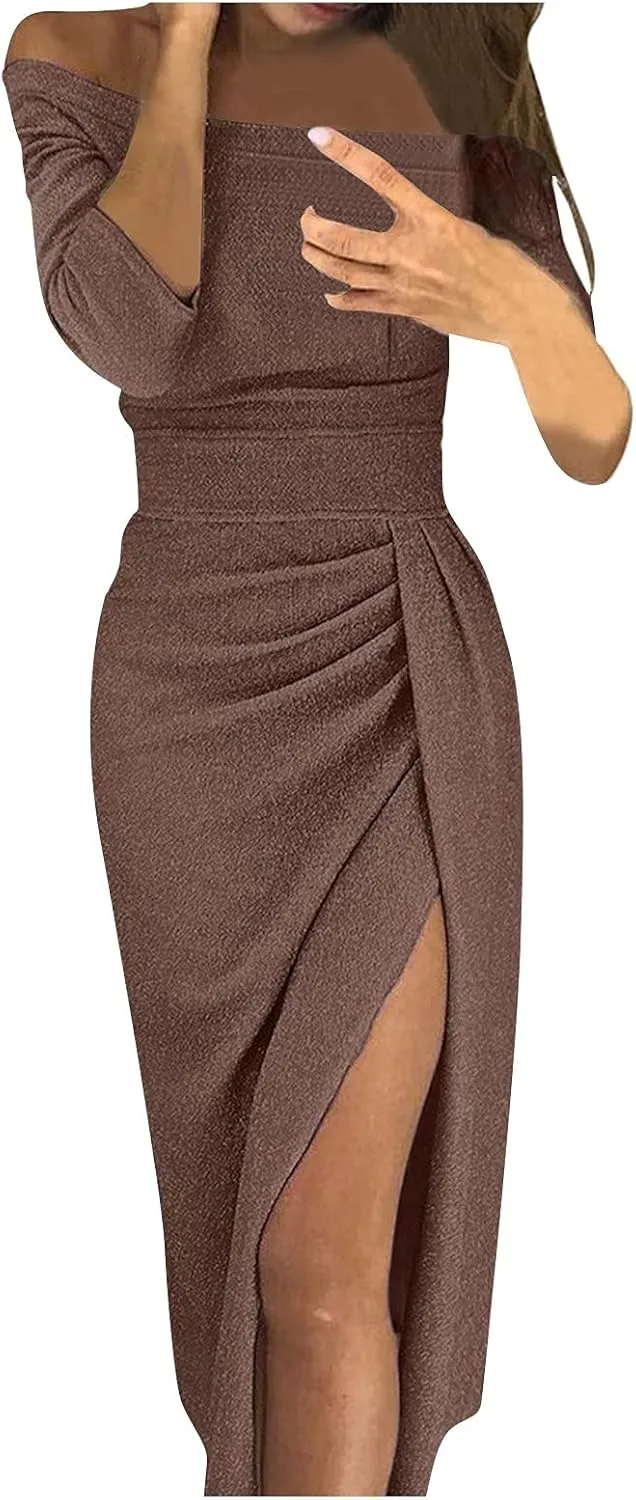HXHYQKP Evening Gowns for Women Formal Elegant Off Shoulder Cocktail Dress Bodycon Wrap Dress Brilliant Party Dress