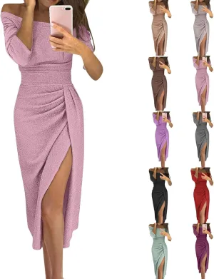 HXHYQKP Evening Gowns for Women Formal Elegant Off Shoulder Cocktail Dress Bodycon Wrap Dress Brilliant Party Dress