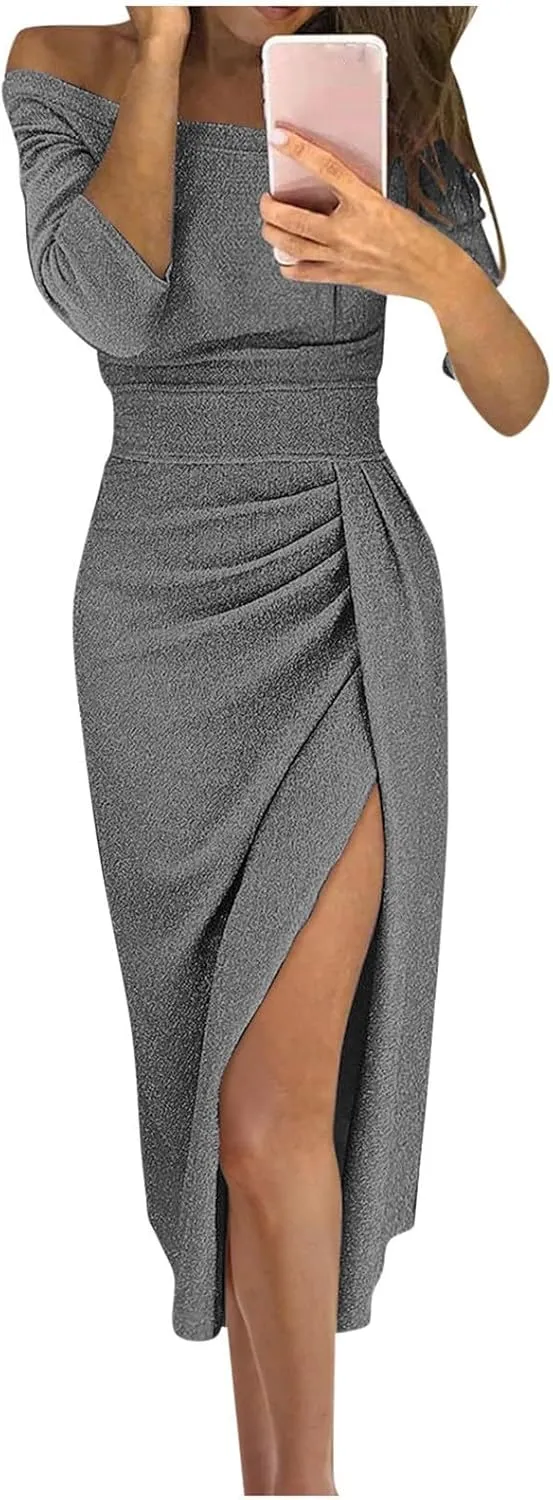 HXHYQKP Evening Gowns for Women Formal Elegant Off Shoulder Cocktail Dress Bodycon Wrap Dress Brilliant Party Dress