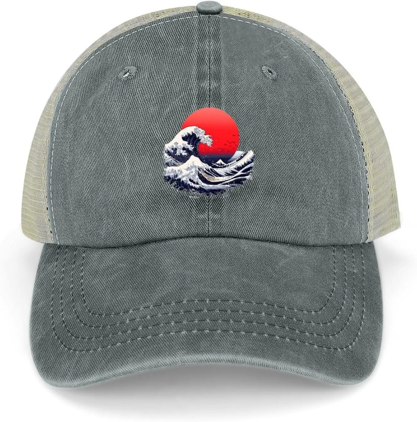 Japanese Sea Waves Red Sun Casual Hat Vintage Baseball Cap Adjustable Hollow Denim Hats Washed Golf Caps for Men Women