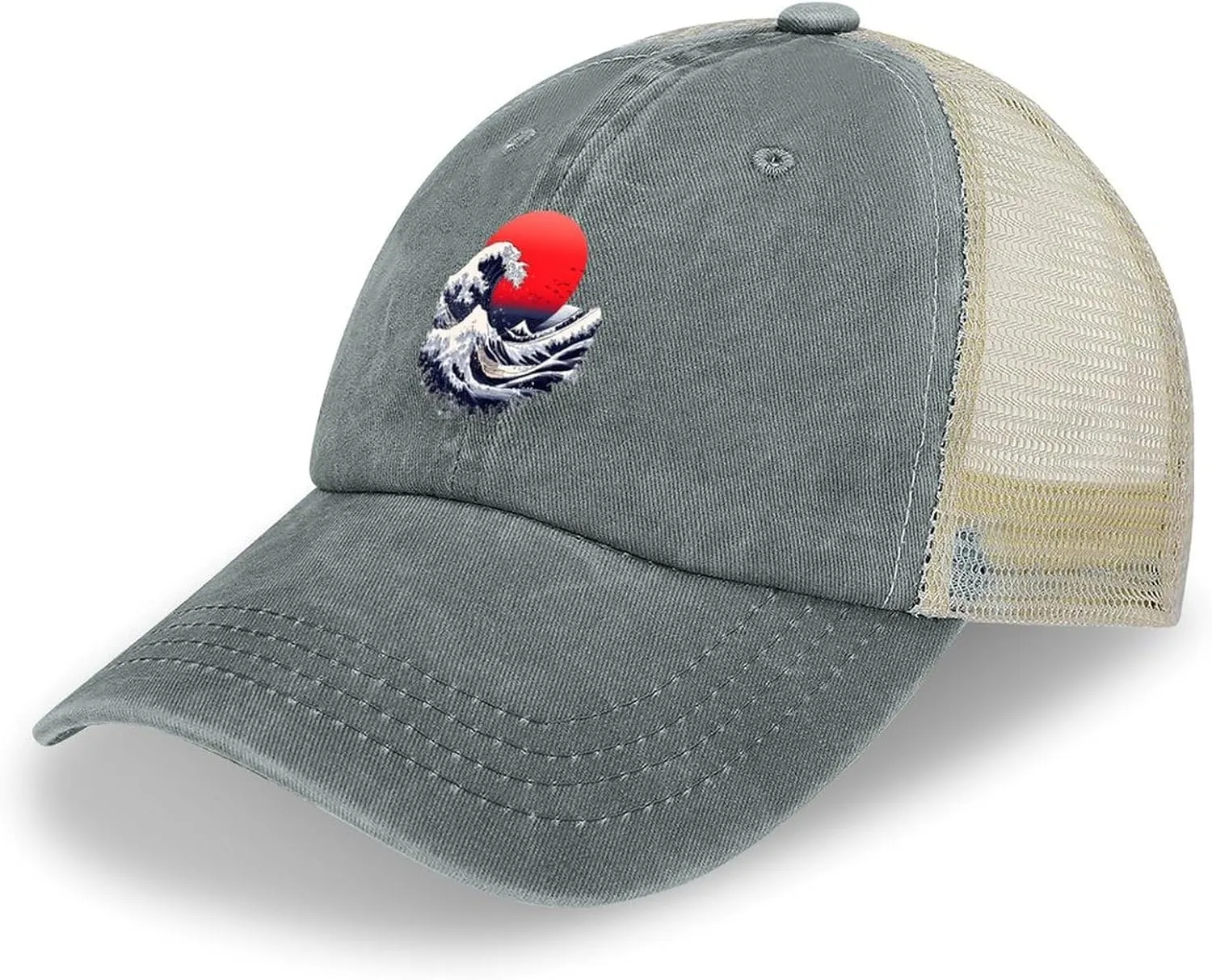 Japanese Sea Waves Red Sun Casual Hat Vintage Baseball Cap Adjustable Hollow Denim Hats Washed Golf Caps for Men Women