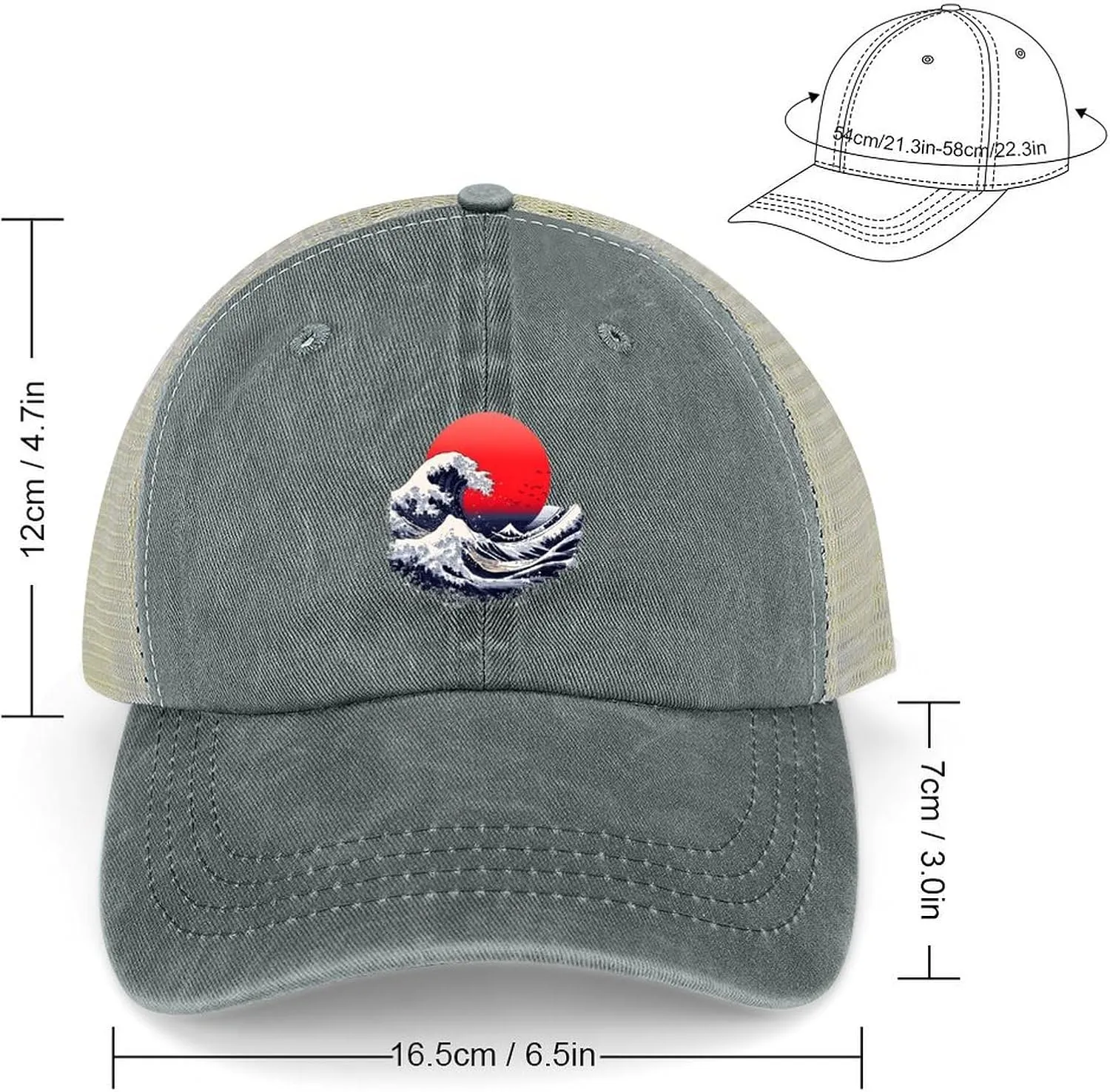 Japanese Sea Waves Red Sun Casual Hat Vintage Baseball Cap Adjustable Hollow Denim Hats Washed Golf Caps for Men Women