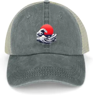 Japanese Sea Waves Red Sun Casual Hat Vintage Baseball Cap Adjustable Hollow Denim Hats Washed Golf Caps for Men Women