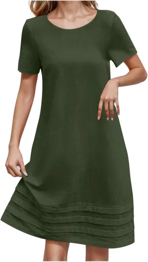 JOAU Womens Summer Cotton Linen Dress 2025 Trendy Short Sleeve Crew Neck Mini T Shirt Dresses Casual Tiered Pleated Hem Dress
