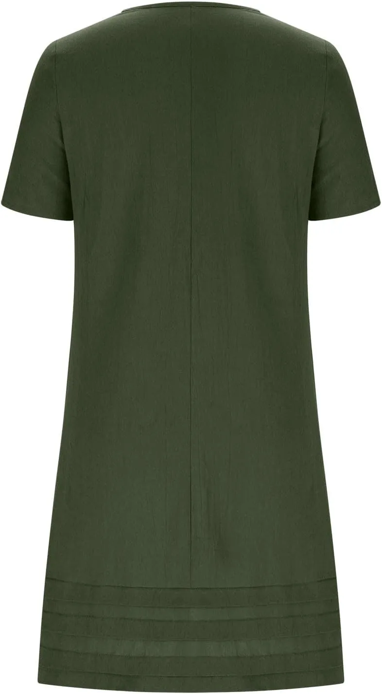 JOAU Womens Summer Cotton Linen Dress 2025 Trendy Short Sleeve Crew Neck Mini T Shirt Dresses Casual Tiered Pleated Hem Dress