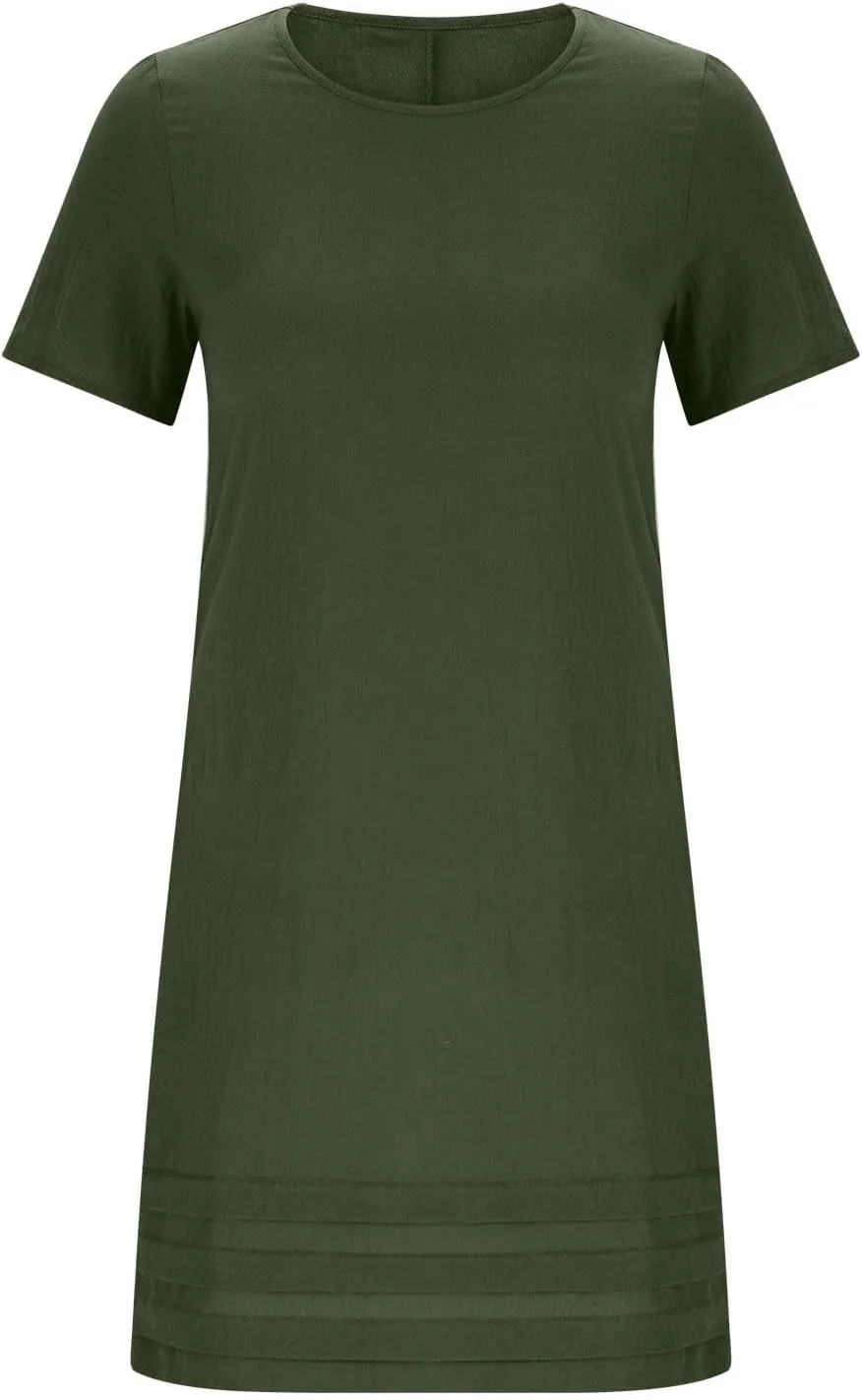 JOAU Womens Summer Cotton Linen Dress 2025 Trendy Short Sleeve Crew Neck Mini T Shirt Dresses Casual Tiered Pleated Hem Dress