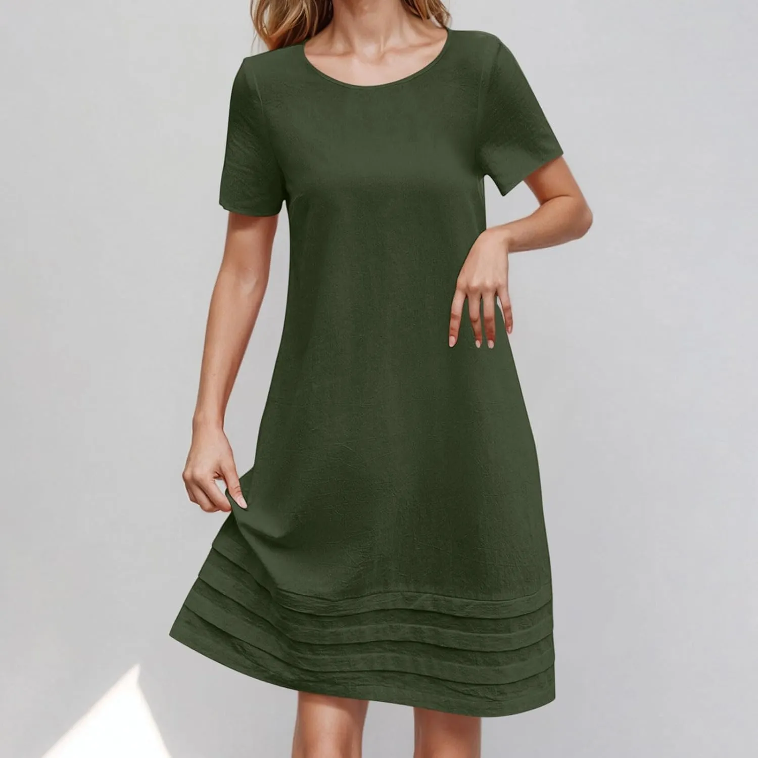 JOAU Womens Summer Cotton Linen Dress 2025 Trendy Short Sleeve Crew Neck Mini T Shirt Dresses Casual Tiered Pleated Hem Dress