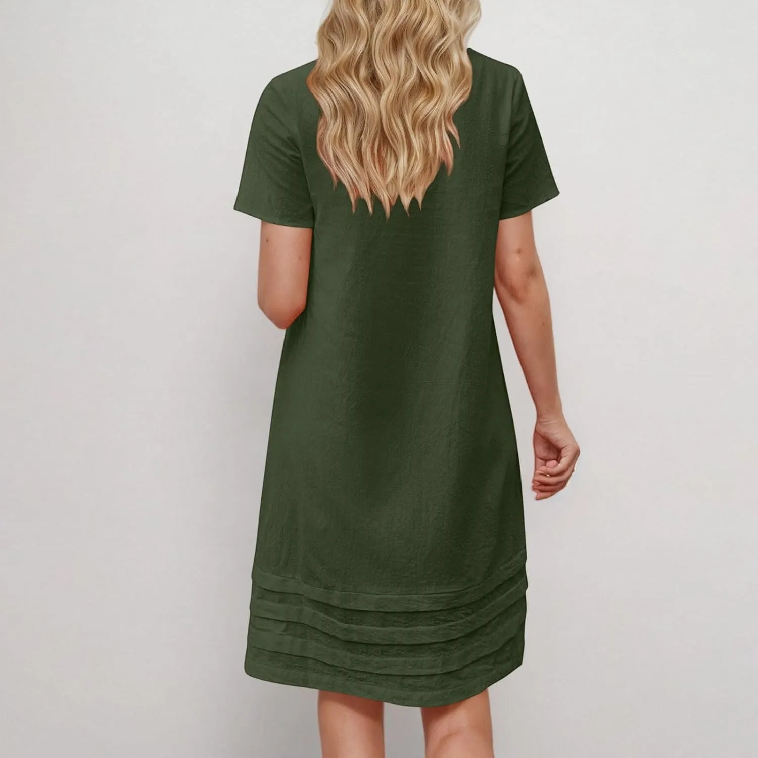 JOAU Womens Summer Cotton Linen Dress 2025 Trendy Short Sleeve Crew Neck Mini T Shirt Dresses Casual Tiered Pleated Hem Dress