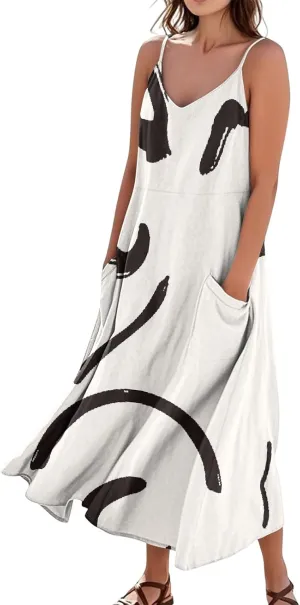 Kenvina Maxi Dresses for Women Summer Casual Sundress Printed O Neck Tank Dress Loose Beach Vacation Dress with Pockets