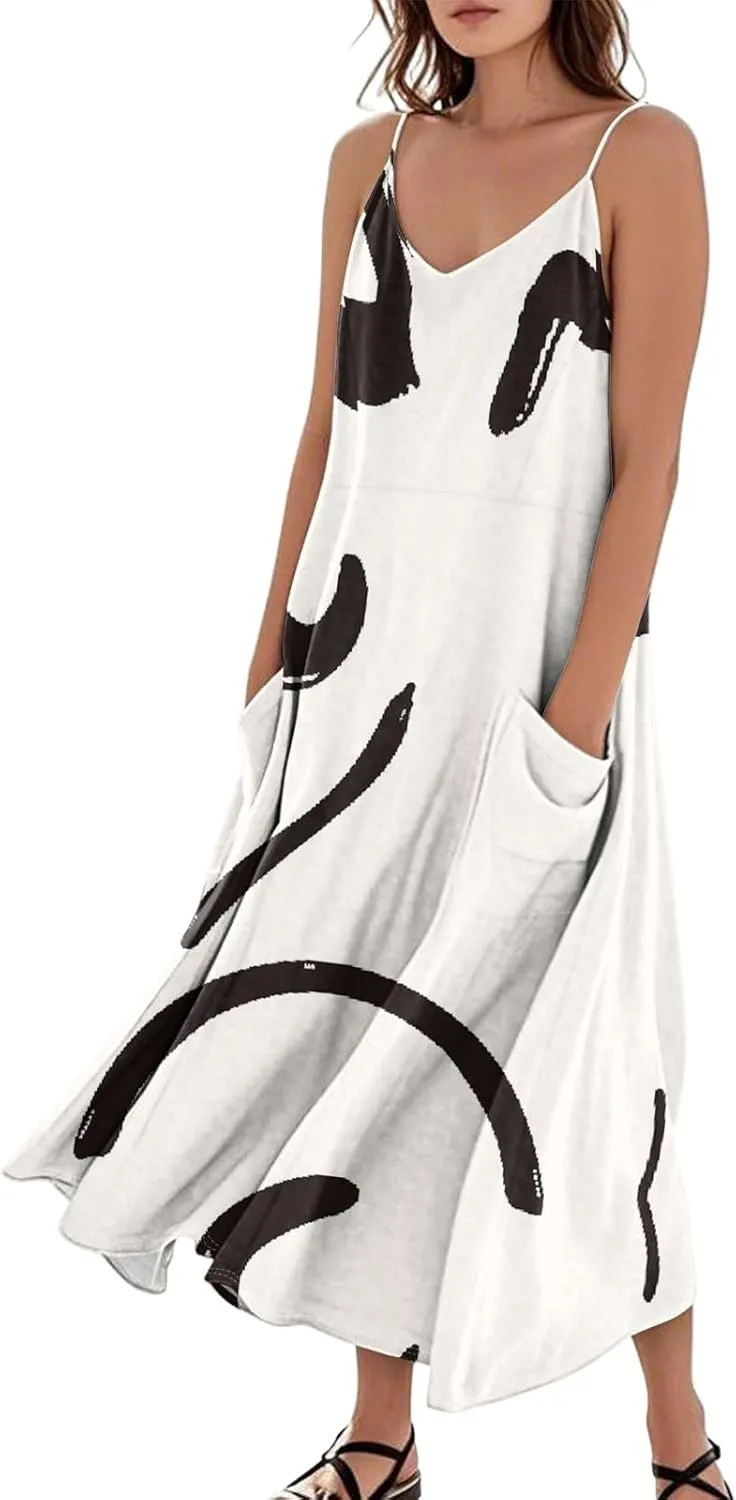 Kenvina Maxi Dresses for Women Summer Casual Sundress Printed O Neck Tank Dress Loose Beach Vacation Dress with Pockets