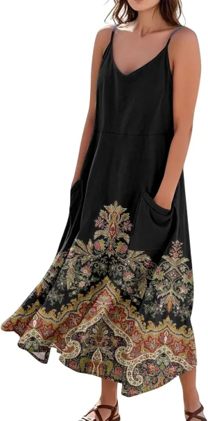 Kenvina Maxi Dresses for Women Summer Casual Sundress Printed O Neck Tank Dress Loose Beach Vacation Dress with Pockets