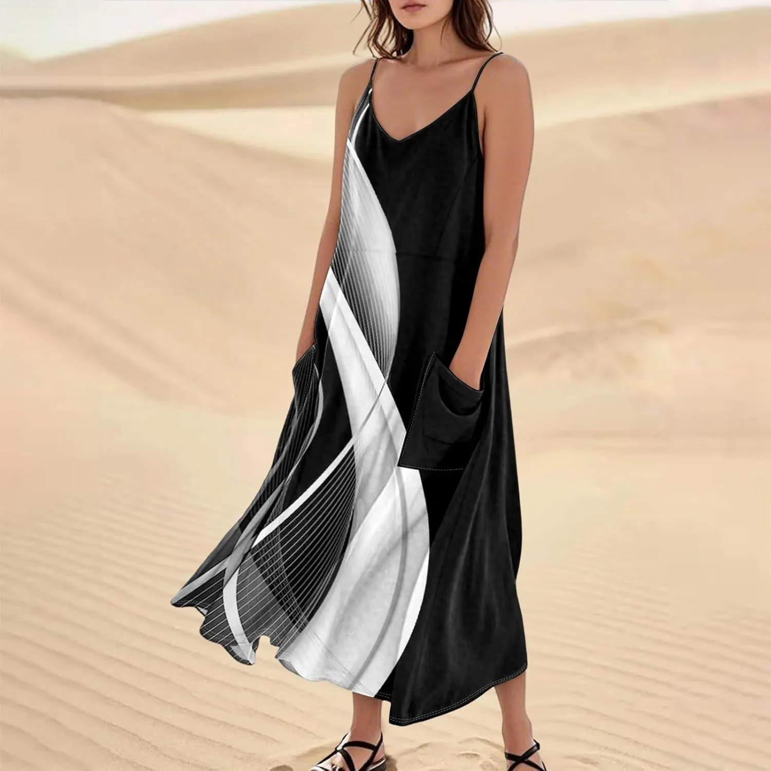 Kenvina Maxi Dresses for Women Summer Casual Sundress Printed O Neck Tank Dress Loose Beach Vacation Dress with Pockets