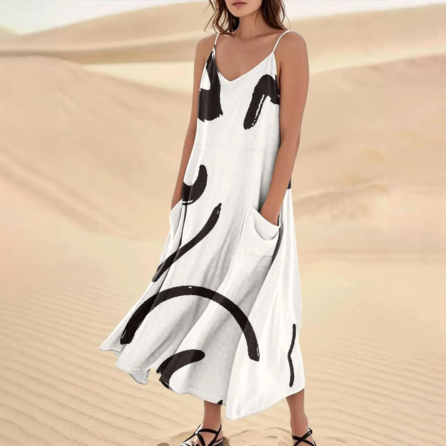 Kenvina Maxi Dresses for Women Summer Casual Sundress Printed O Neck Tank Dress Loose Beach Vacation Dress with Pockets